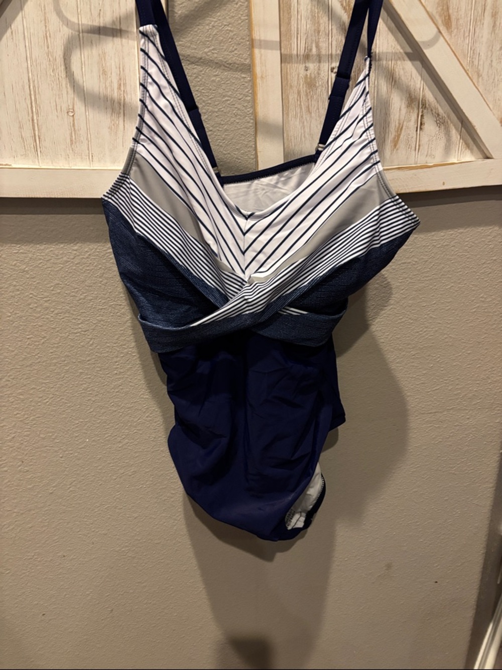 Striped Navy & White One-Piece Swimsuit new size large - Picture 2 of 4